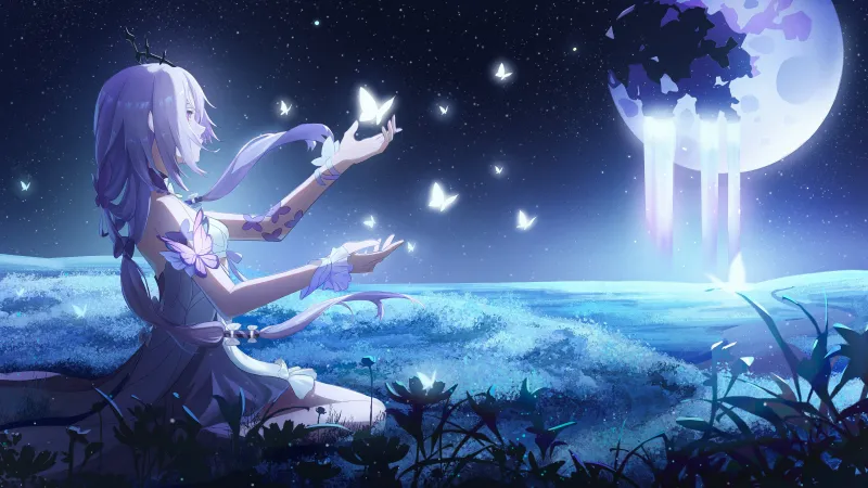Honkai: Star Rail, Castorice, Anime girl, Glowing, Butterflies, Moon, Night sky