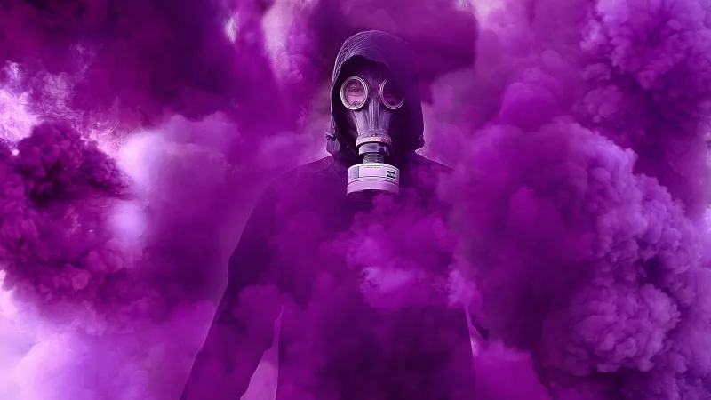 Gas mask, Hoodie, Person in Black, Purple Smoke, Protective Gear, 5K
