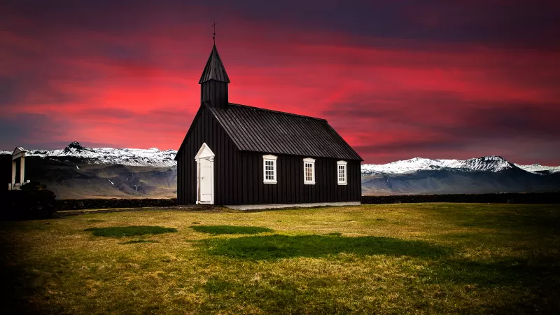 Búðir, Iceland, Church, Hamlet, Landscape, Red Sky, Glacier mountains, Snow covered, Wooden House, Scenery, Beautiful, 5K