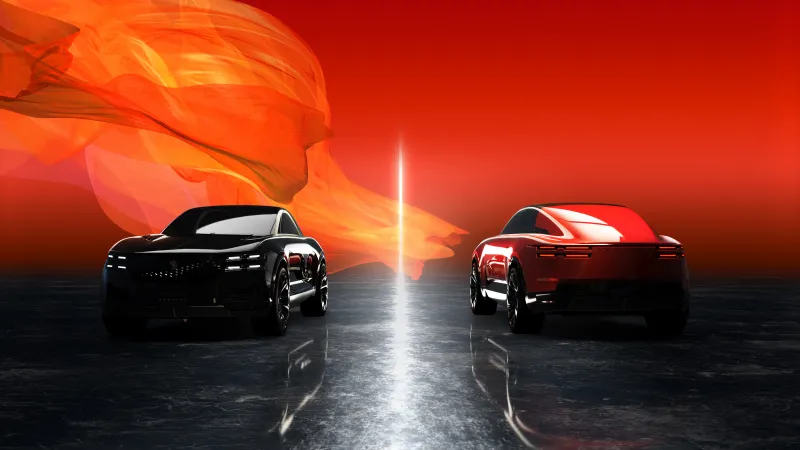 Century Coupe Concept, Black and red, Orange flame backdrop, 2025, 4K wallpaper