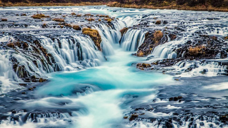 Bruarfoss Waterfall, Iceland, River Stream, Blue Water, Landscape, Scenery, Famous Place, Long exposure, Beautiful, 5K