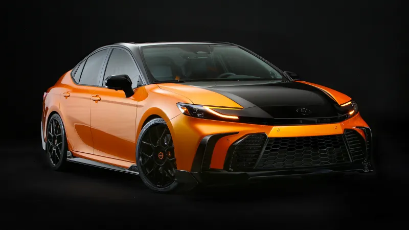 Toyota Camry GT-S Concept, Orange and black sedan, Dark studio, 2025, 5K wallpaper