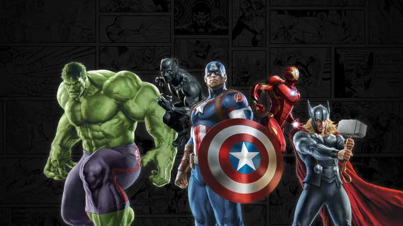 Marvel Superheroes Poster, Hulk, Captain America, Iron Man, Thor, Black Panther, Dark background, Marvel Comics