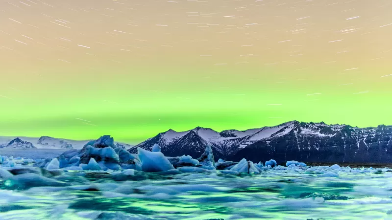 Jökulsárlón, Glacial lake, Iceland, Aurora Borealis, Star Trails, Timelapse, Snow covered, Mountains, Green Sky, Purple, Circular, 5K