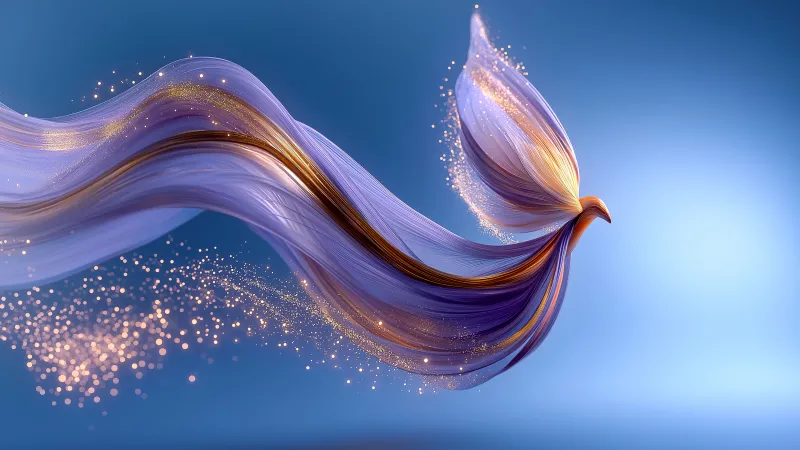 Purple silk bird, Golden sparkles, Blue background, 4K wallpaper