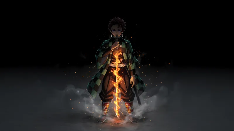 Tanjiro Kamado Fire effect, Dark background 5K, Hinokami Kagura, Demon Slayer: Kimetsu no Yaiba