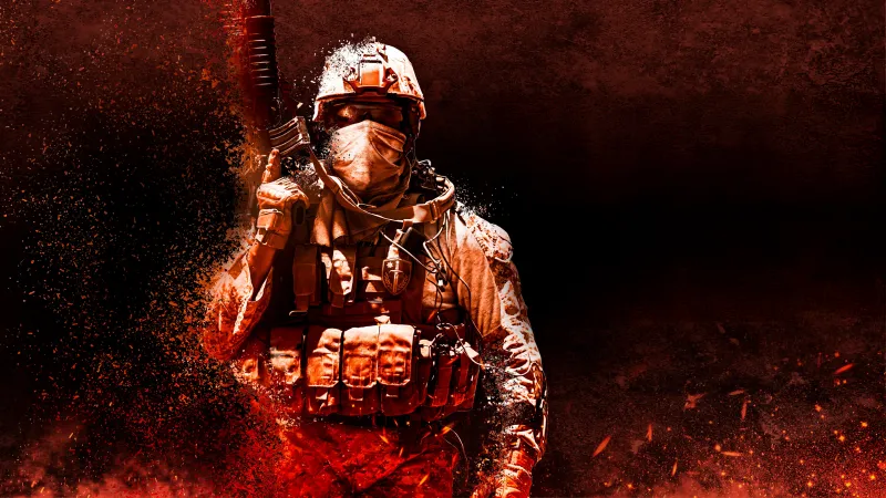 Soldier in tactical gear, Fiery particles, Dark red, 4K wallpaper