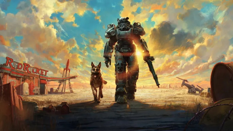 Fallout 4 Anniversary Edition, Power armor, Dogmeat, Red Rocket, 8K wallpaper