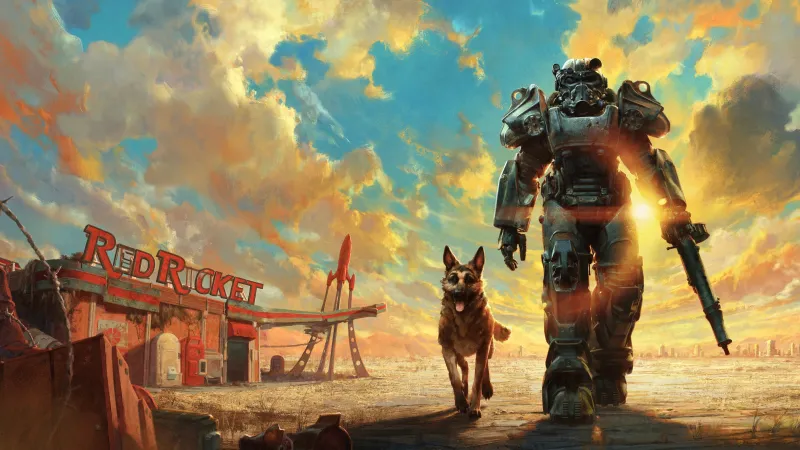 Fallout 4, Anniversary Edition, Dogmeat, Power armor, Red Rocket, 4K wallpaper
