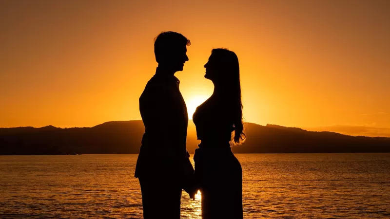Couple, Silhouette, Sunset, Backlit, Seascape, Yellow, Dawn, Beach, Romantic