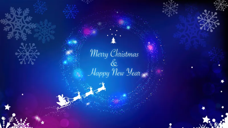 Merry Christmas, Happy New Year, Santa Claus chariot, Snowflakes, Blue background 5K