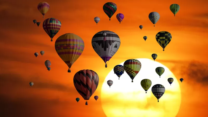 Hot air balloons, Sunset, Orange sky, Travel, Vacation, Holidays, Adventure, Sky view