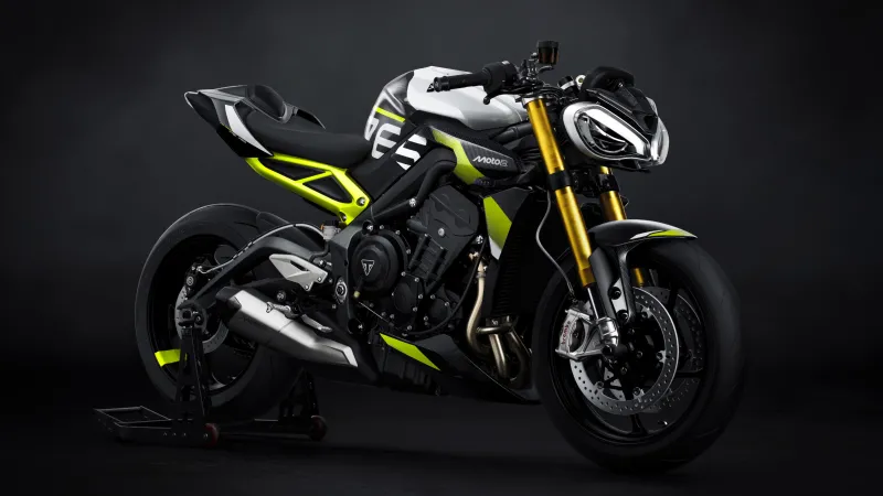 Triumph Street Triple 765 Moto2 Edition wallpaper, Gold forks, Paddock stand, Dark background