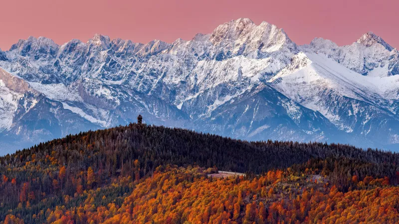 Tatra Mountains in autumn, Snowy peaks, Pink sky, 4K wallpaper