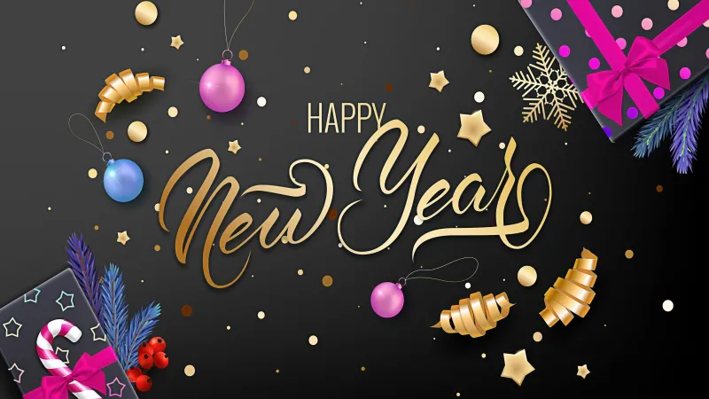 Happy New Year Confetti, Black and gold, Dark background 5K