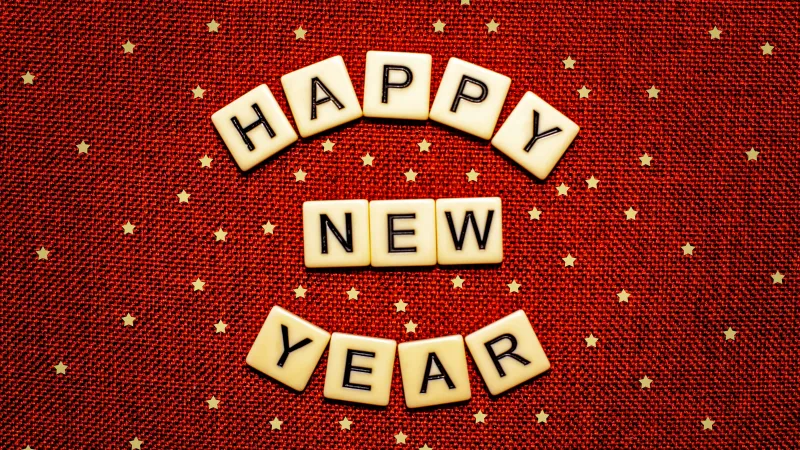 Happy New Year in Golden stars, Scrabble letters, Red background 5K