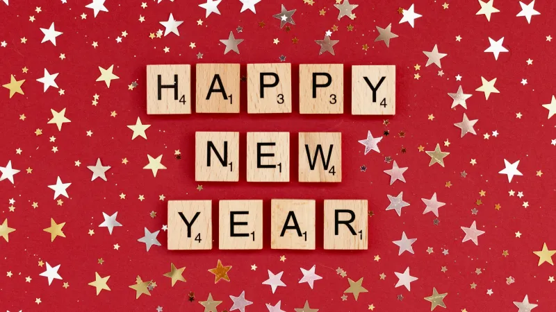 Happy New Year, Scrabble letters, Red background 8K