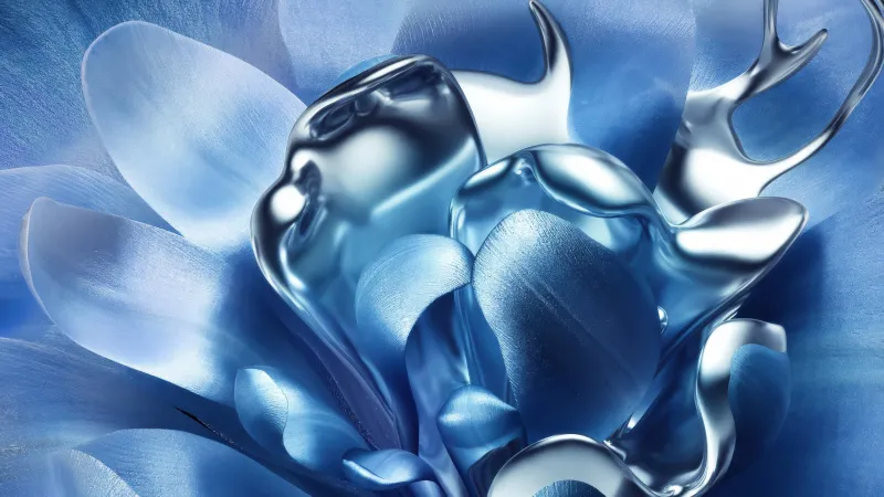 Liquid metal flower wallpaper, Chrome 3D, Blue petals