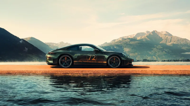 Porsche 911 GT3 90 F. A. Porsche, Green coupe, Mountain lake, 2026, 5K wallpaper