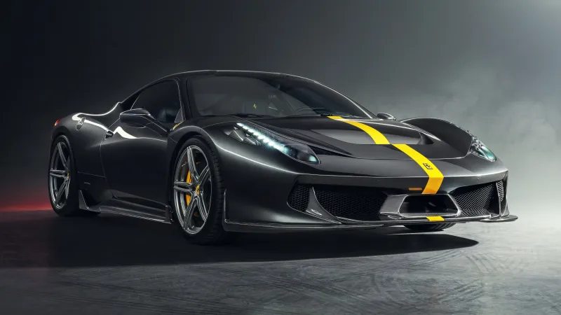 Ferrari 458 wallpaper, Carbon fiber, Yellow stripe, Smoke, 8K