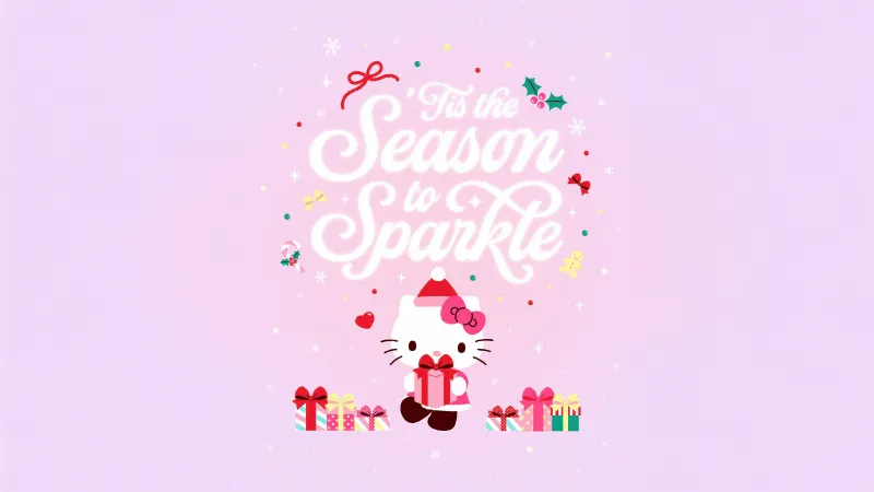 Hello Kitty Christmas gifts, Sparkling Pink background, Pink aesthetic, Sanrio, 5K wallpaper