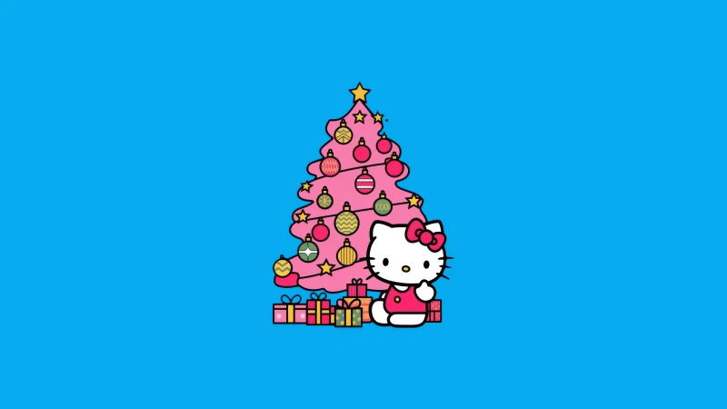 Hello Kitty with Christmas tree, Blue background 5K, Pink cartoon