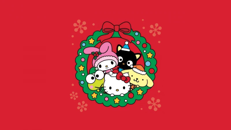 Hello Kitty and Friends Christmas decoration, Sanrio, Hello Kitty, Wreath, Cute cartoon, Red background 5K, My Melody, Keroppi, Pompompurin