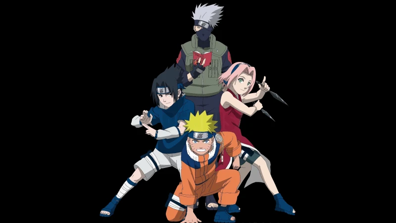 Naruto Team 7, Black background 5K, Naruto Uzumaki, Sasuke Uchiha, Kakashi Hatake, Sakura Haruno