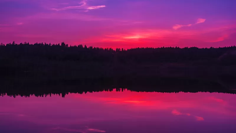 Purple sky, Sunset, Body of Water, Lake, Reflection, Horizon, Silhouette, Beauty in Nature, Gradient background, Scenery, Vibrant, Dusk, Golden hour, 5K