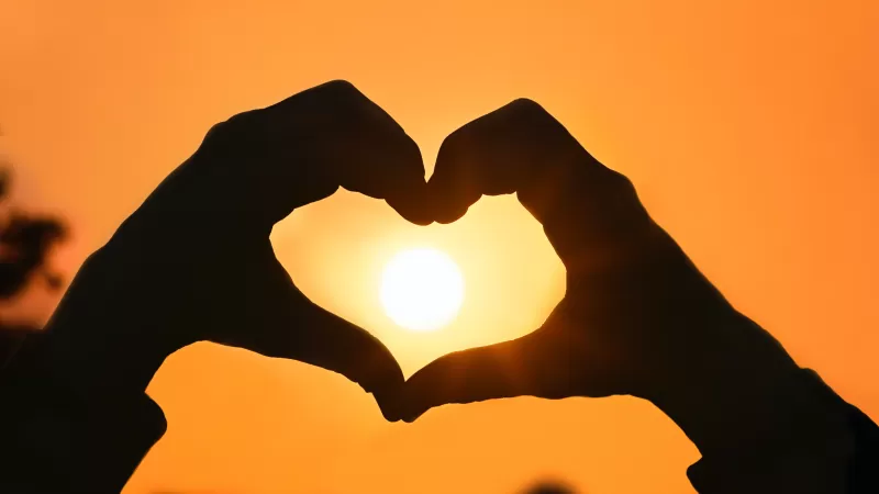 Sunset, Silhouette, Heart shape, Hands together, Valentine&#039;s Day, Sunburst Gold, Orange background