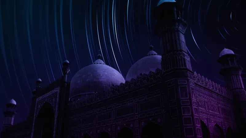 Badshahi Mosque, Lahore, Pakistan, Masjid, Star Trails, Dark background, Night time, Neon colors, Dome, Ancient architecture, Long exposure, Timelapse