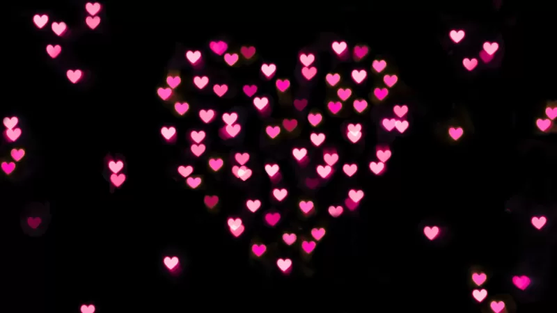 Pink hearts, Black background, Bokeh, Glowing lights, Vibrant, Blurred, Heart shape, Valentine's Day, Love heart, 5K