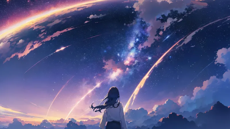 Your Name Anime girl, Shooting stars, Purple sky, Mitsuha Miyamizu, Kimi no Na wa