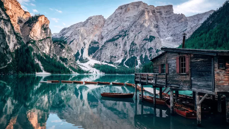 Lake Braies, Italy, Wooden House, Boats, Mountains, Glacier, Snow, Body of Water, Reflection, Landscape, Scenery, Travel, 5K