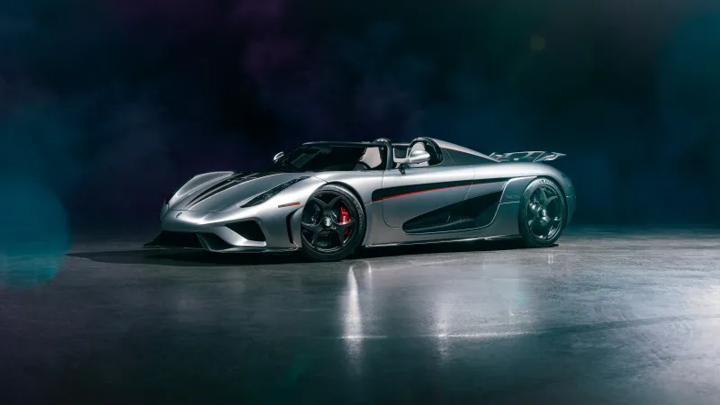 Koenigsegg Regera wallpaper, Silver hypercar, Dark studio, 8K