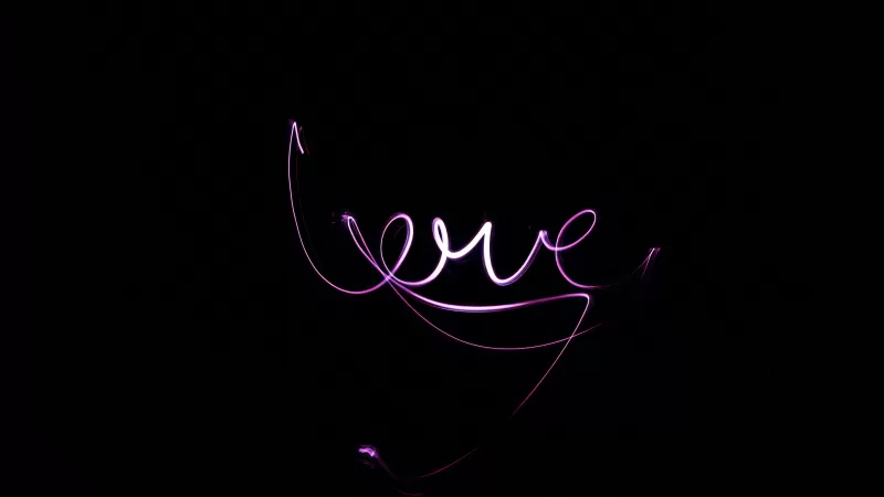 Love text, Black background, Purple lights, Valentine's Day, Neon light, 5K