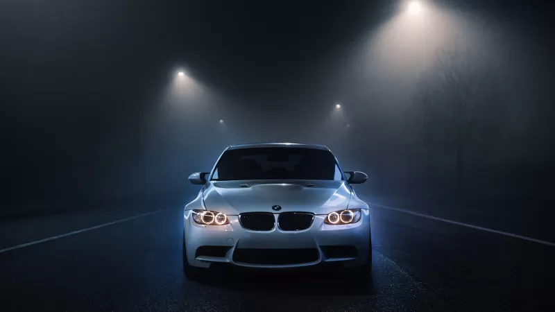 BMW M3, White cars, Dark background, Night time, Street lights, Foggy night, Automobile, 5K