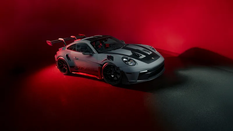 Porsche 911 GT3 RS wallpaper, Grey, Red background, Rear wing, 8K