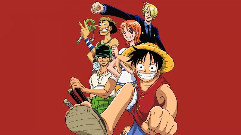 One Piece Anime series, Red background, Season 1, Usopp, Roronoa Zoro, Nami, Sanji, Monkey D. Luffy