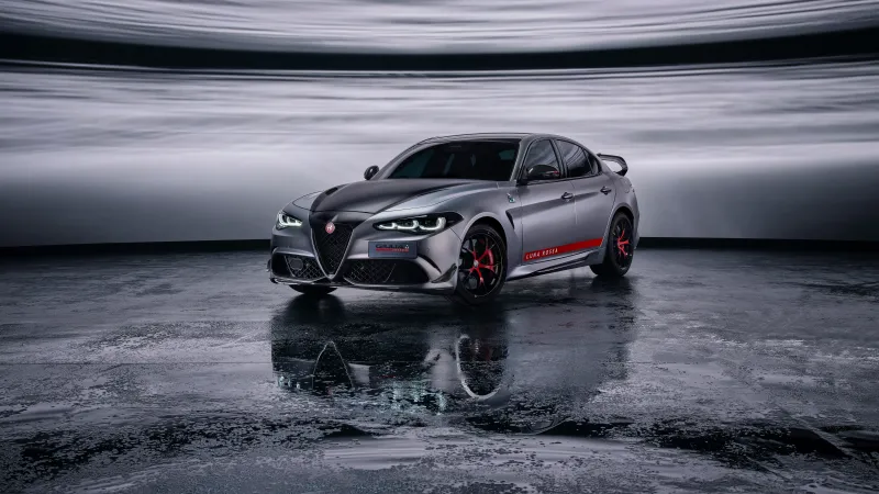 Alfa Romeo Giulia Quadrifoglio Luna Rossa, Grey, Wet floor, 2026, 5K wallpaper