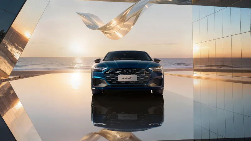 Audi A7L wallpaper, Blue sedan, Seaside sunset, Glass ribbon, 8K
