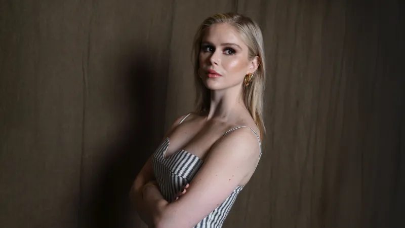 Erin Moriarty wallpaper, Striped dress, American actress, Photoshoot