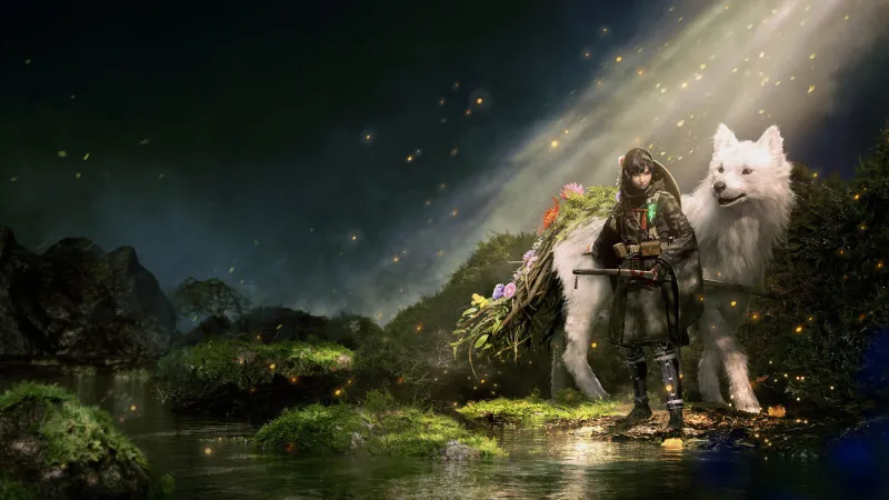 Beast of Reincarnation wallpaper, Emma, White wolf, Forest river, Key art