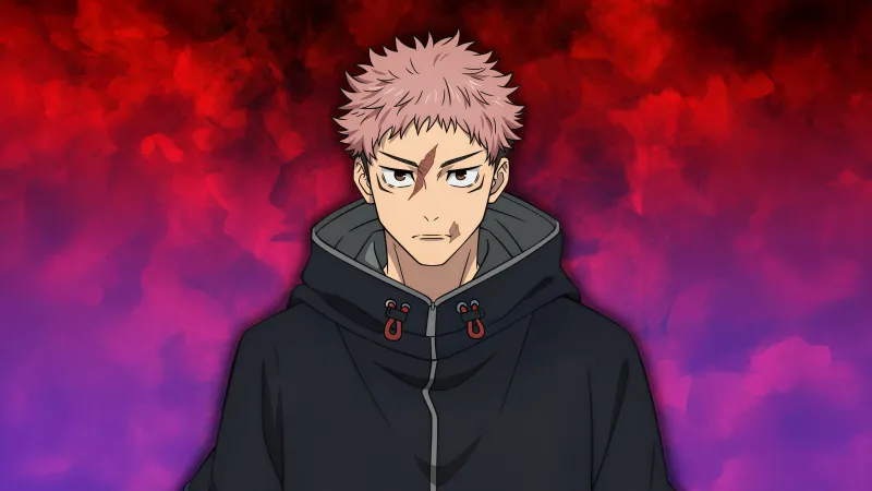 Yuji Itadori, Season 3, Jujutsu Kaisen, Pink hair, Hoodie, Red background 8K