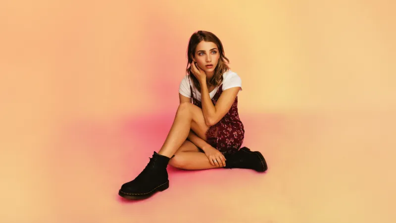Emily Rudd, Peach background, Photoshoot, American actress, 5K wallpaper