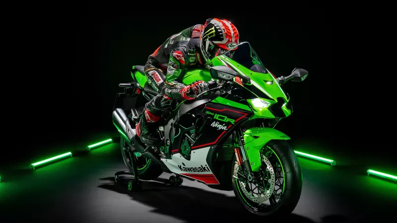 Kawasaki Ninja ZX-10R, Sports bikes, Black background, Biker, 2021