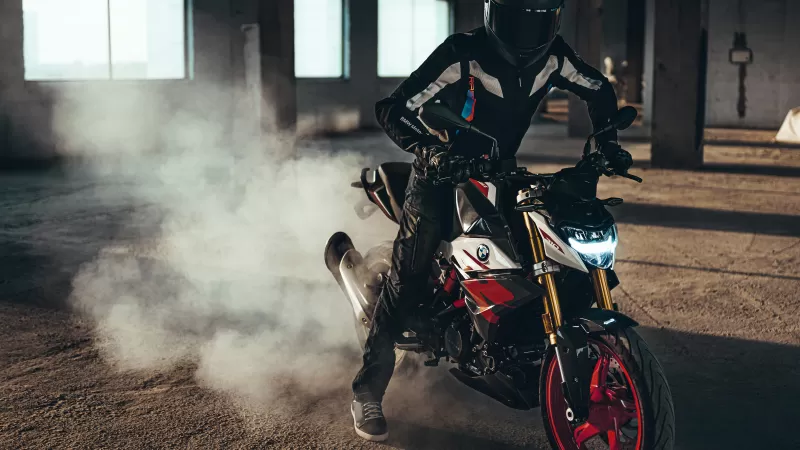 BMW G 310 R, Burnout, Tyre smoke, Rider, Warehouse, 2021, 4K wallpaper