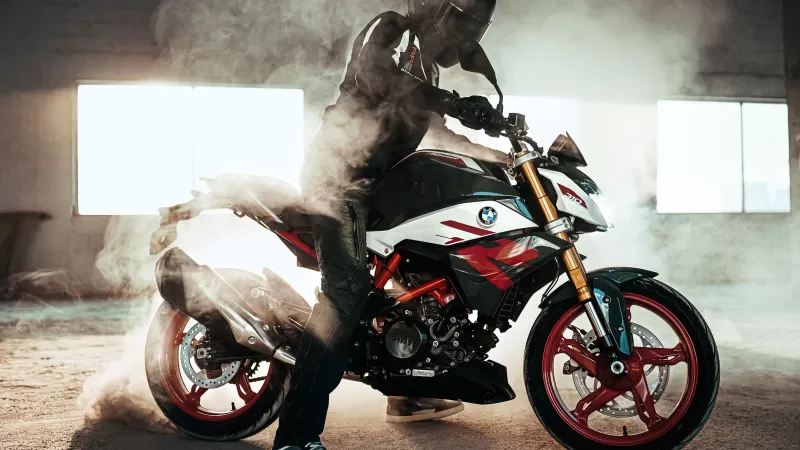 BMW G 310 R wallpaper, Burnout smoke, Biker, Abandoned warehouse