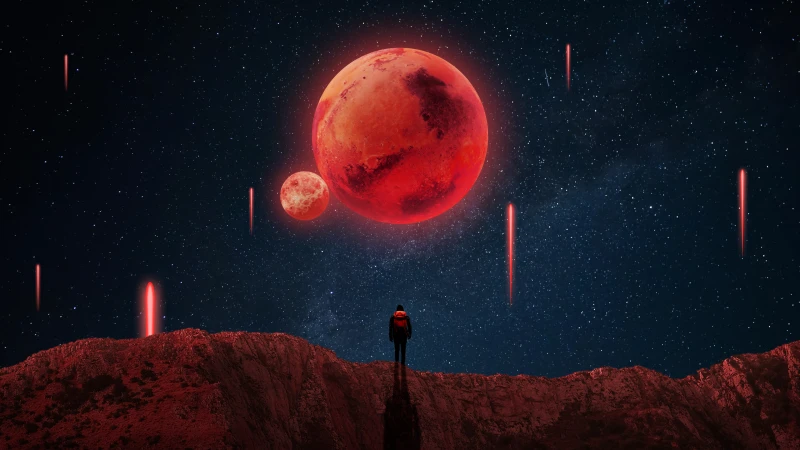 Lone figure under a red planet, Starry sky, Meteors, 4K wallpaper