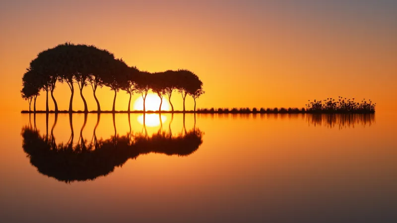 Guitar-shaped tree island wallpaper, Orange sunset, Reflection